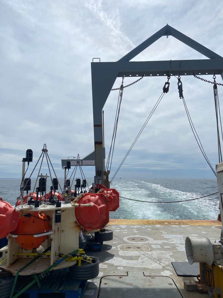The lower back deck of a research vessel with an a-frame and a series out acoustic observation platforms ready for deployment. 