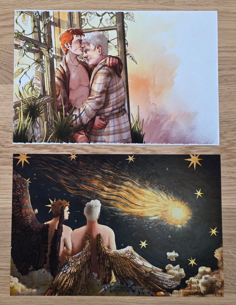Two art prints. Top: digital watercolor, aziraphale and crowley wearing robes and sitting in a windowsill of their cottage on the south downs. Bottom: aziraphale and crowley sitting in the clouds watching a comet pass by, the background is a collage made from illuminated manuscript pages. 
