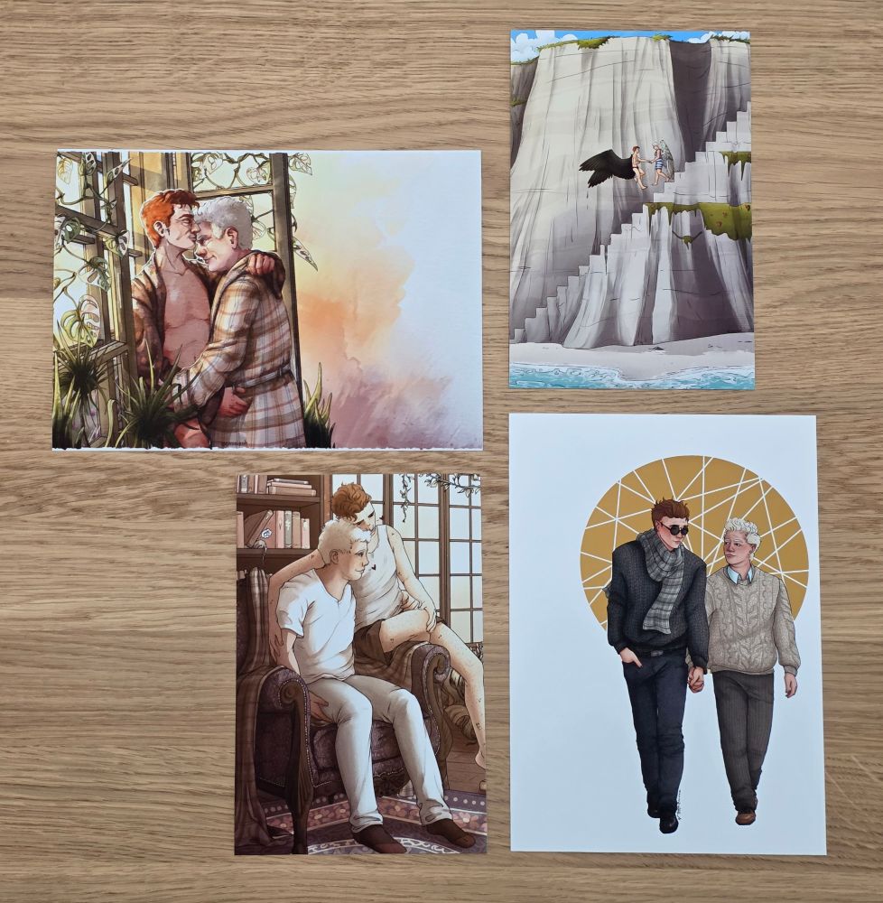 4 art prints of Aziraphale and Crowley on the south downs. 