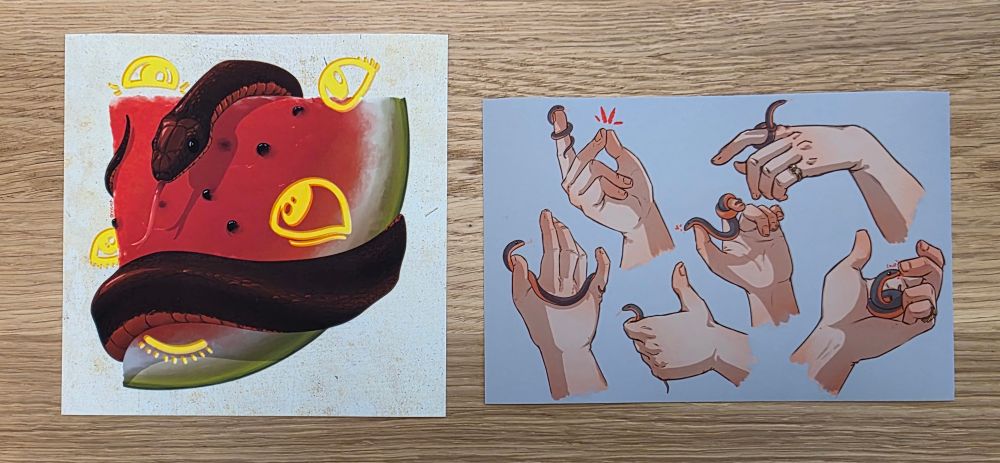 2 art prints. Left: snake crowley wrapped around a slice of watermelon. Right: 6 drawings of Aziraphale's hand holding a tiny snake Crowley