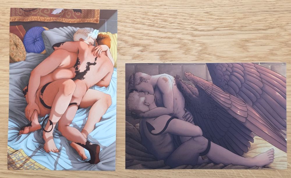 Two 4x6 prints of Aziraphale and Crowley having sex. Crowley has patches of scales in the one on the left and his wings out in the one on the right. He has a barbed tail in both
