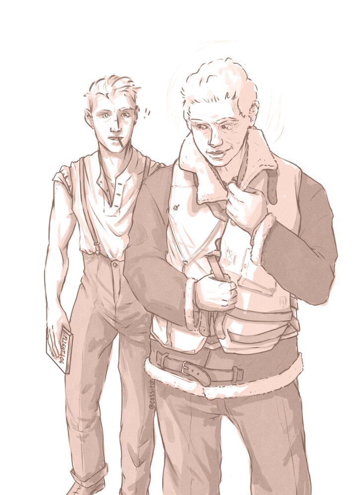Sepia toned image of Aziraphale and Crowley. They are dressed in British RAF uniforms, Crowley is in trousers and an undershirt while Aziraphale is wearing a pilot's vest and bomber jacket. Aziraphale looks smugly pleased with himself as he walks away from a gobsmacked Crowley. 