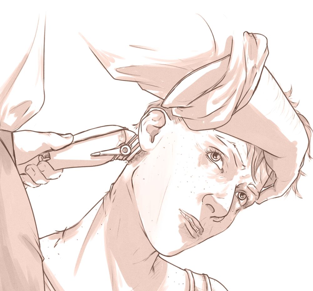 Sepia toned drawing of Aziraphale and Crowley from a ww2 AU, Aziraphale is tilting Crowley's head with one hand and using an electric clipper to buzz his hair with the other