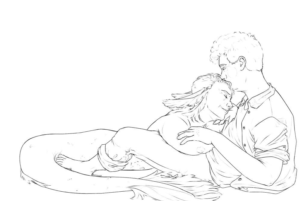 black and white line art depicting Crowley as a merman with an axolotl tail draped across Aziraphale's legs and stomach, Aziraphale is kissing the top of his head and they both look very content. 