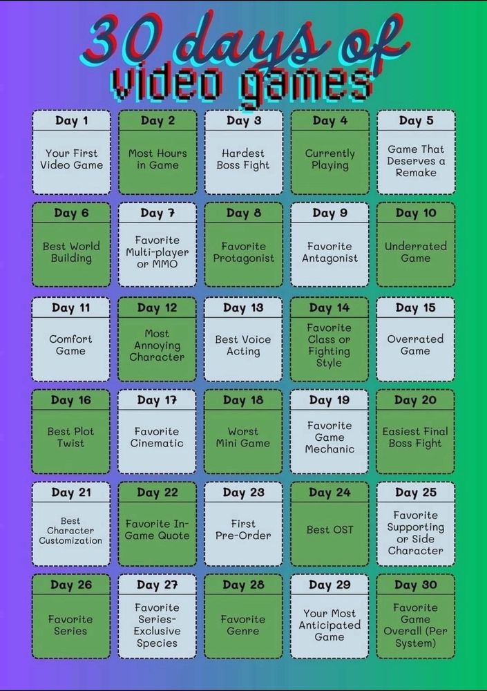 A 30 days of gaming chart with questions about your favorite games and least favorite games for the holiday season. 