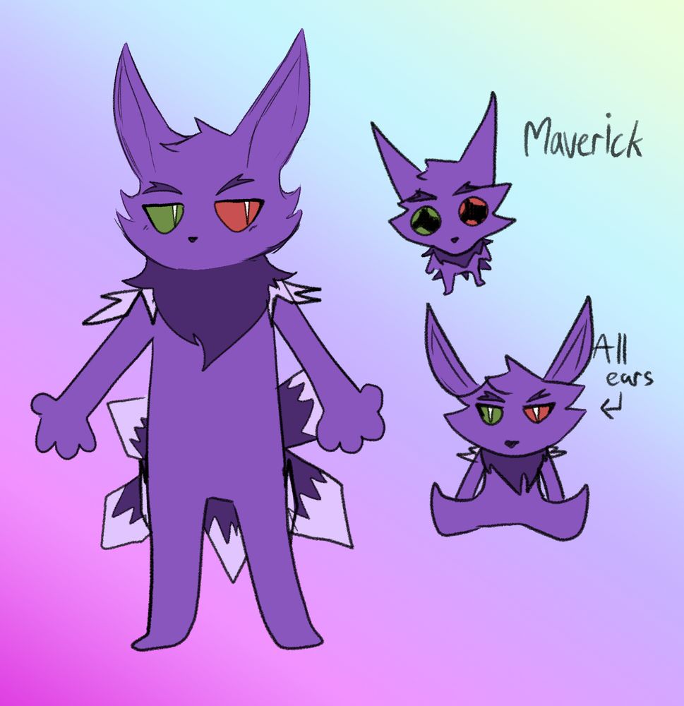 An anthropomorphic purple fox with a green and red eye, drawn silly