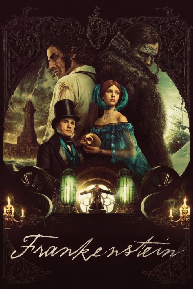 Poster for Guillermo del Toro's Frankenstei, featuring the four principle characters of Victor, Elizabeth, Henrich, and the Creature