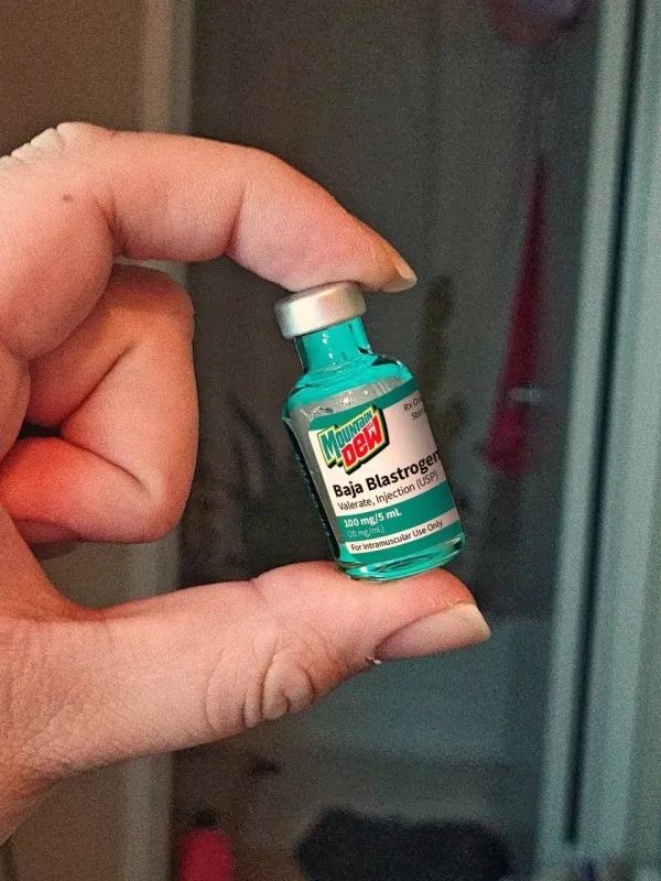 A picture of a medicine vial, containing Mountain Dew Baja Blastrogen