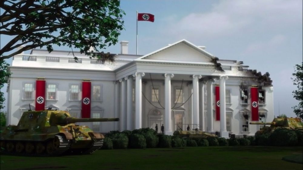 The US White House with Nazi flags hanging from its walls and on a flag pole on the roof, notably the eastern portion of the building is heavily damaged....