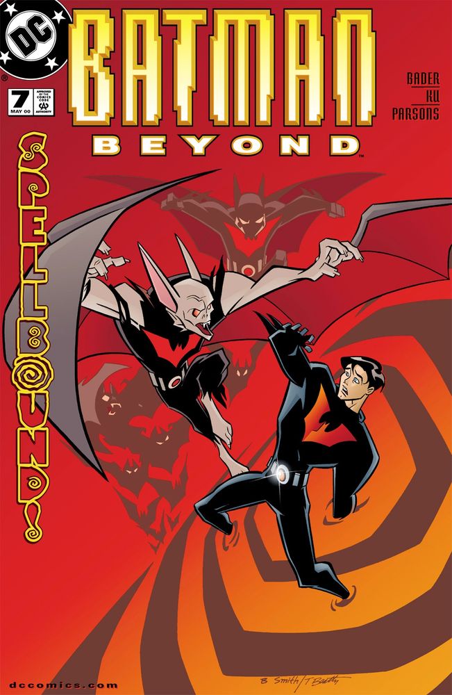 Cover to issue 7 of Batman Beyond vol. 2. It features Terry McGinnis in Batman Beyond suit sans mask, being attacked by a Man-Bat wearing a Batman Beyond suit. The background features Spellbinder's swirl design. At the left the word "Spellbound" is written vertically.