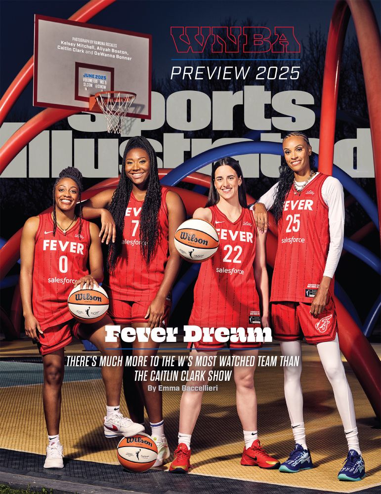Kelsey Mitchell, Aliyah Boston, Caitlin Clark and Dewanna Bonner on the cover of Sports Illustrated in front of the Free Basket sculpture at the Indy Museum of Art