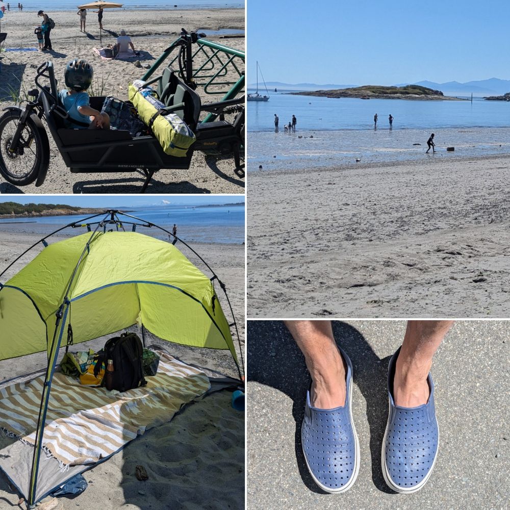 Composite picture showing cargo bike next to a sandy beach, a bigger view of the beach, sun shelter with towel and backpack, and a view of two Natives sandal shoes