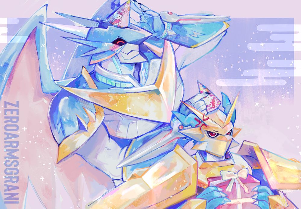 art of a jovial ulforceveedamon putting a hello kitty birthday hat on himself and magnamon, who is annoyed while holding a gift box in his hand. the art is done in an marker like style with pink, blue, lavender undertones and sparkles.