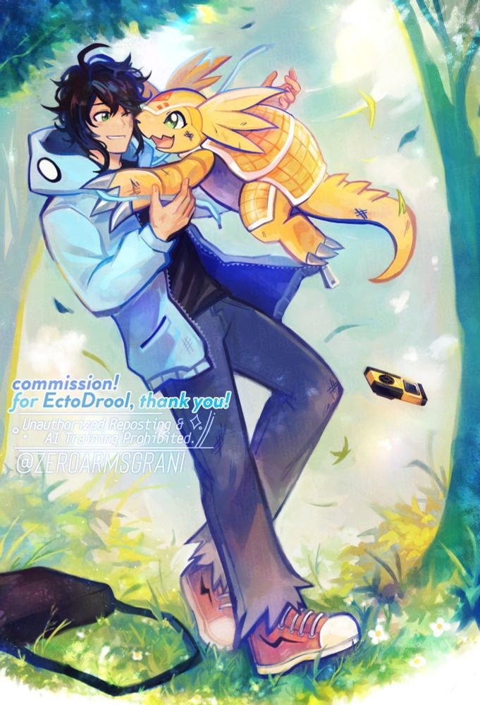 digimon tamer crom is warily smiling at his digimon partner armadimon, who is leaping into his arms with a smile after a tough battle. the two are in a open forest with scattered light, and crom's digivice is falling to the ground. crom's messenger bag is on the grass.