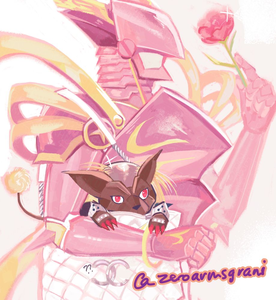 lordknightmon holding a rose with a single sparkle on it, while having a chanel (?) white bag slung over his shoulder. in the bag is a balding duftmon leopard mode based upon a bald cat image, his eyes are slightly crossed.