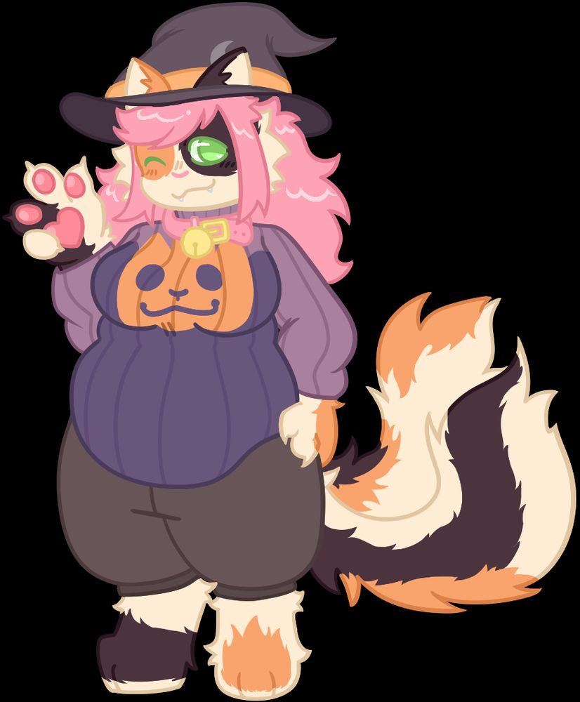 my anthro calico cat fursona, maple. she's got pink hair, green eyes, pink pawpads and two big fluffy tails. she's wearing a pink bell collar and a witch hat with an orange line going around it, as well as a pumpkin sweater and grey sweatpants