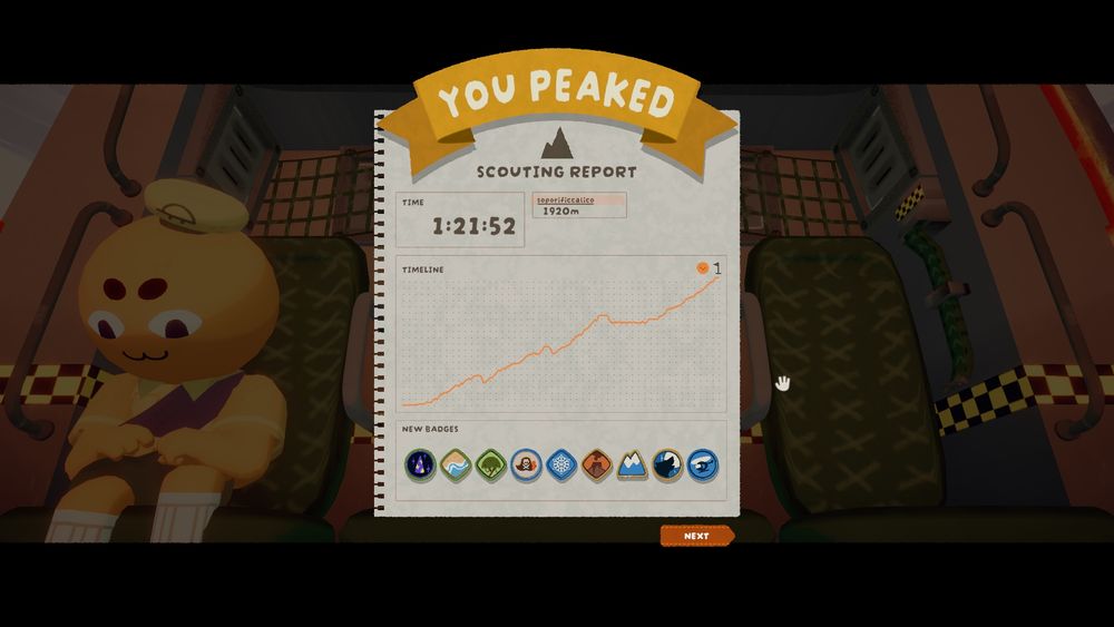 a screenshot from the game PEAK, showing the final results screen upon reaching the top of the titular PEAK. i managed to reach the top of the mountain on my first run solo in 1:21:52, while also getting several badges. the climbing pervert within is satisfied