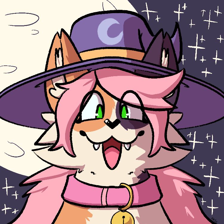 artwork of an anthro calico cat from the neck up, with a black witch hat with a moon on it and a pink bell collar. he also has green eyes and pink hair. the night sky can be seen in the background, along with lots of stars and the moon shining behind her
