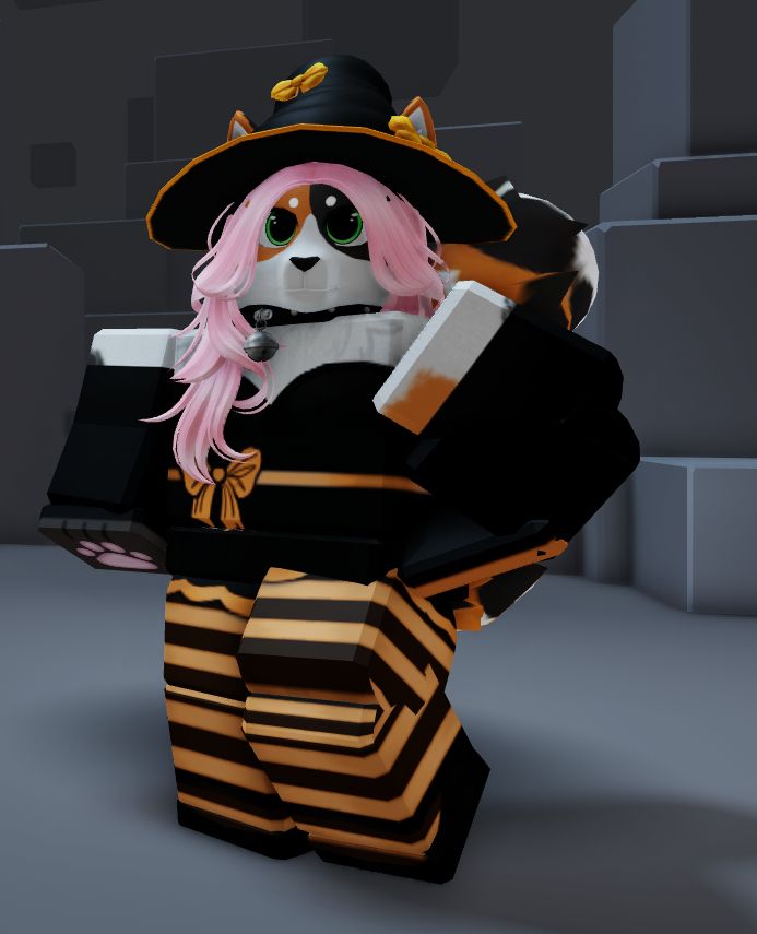 a recreation of my fursona, maple, in roblox. a calico cat with a big fluffy tail and pink hair wearing a witch hat and dress, as well as thigh highs, all of which are orange and black. she has a black bell collar, as well