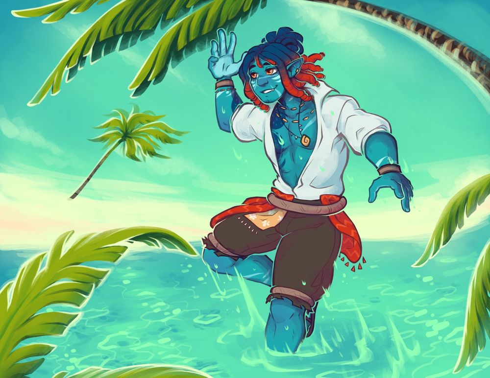A blue elf in an ocean scene with plants.