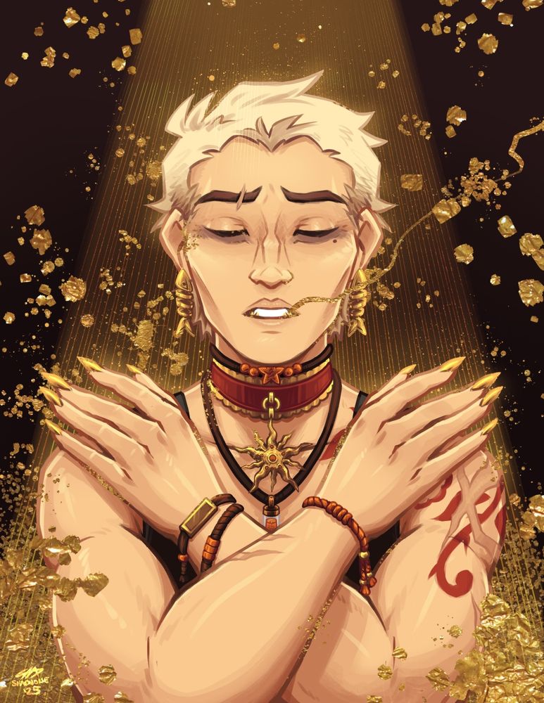 A digital bust portrait of Liam, a light skinned man. He has short blond hair and is wearing many necklaces and bracelets. He has a tattoo on his scarred shoulder. His eyes are closed and arms crossed over his chest. His nails and fangs are gold and a stream of gold escapes his mouth.