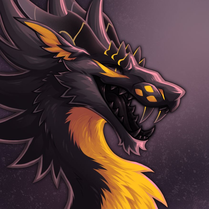 Digital illustration of Shad, a black and yellow furred dragon. He is grinning and his teeth are black. Only his head is visible.