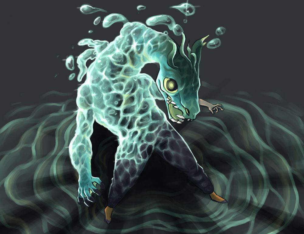 Digital Illustration of Kal, the kelpie, as he is mid-shift into his horse-like form. He has humanoid legs, and above them his body shifts into watery glowing ripples, topped by his horselike head in more solid form. He is emitting water caustics as he transforms.