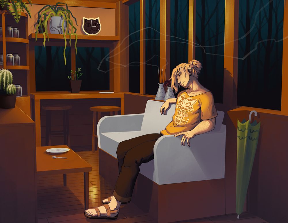 Illustration of a man sitting in a white couch inside of a small room. His eyes are closed, and he has a tired expression. It is visibly nighttime outside, but inside is mainly warmly-lit wooden furniture, a plate with some crumbs on a side table, and decorations including a cactus, a fern, and sprouts. A jar with burning incense is causing two tails of smoke to be visible in the room. A green umbrella rests next to the couch. The man's shirt has a snarling yellow cat with the caption "Take No $#!+", intended to look like the phrase "Take No Shit".