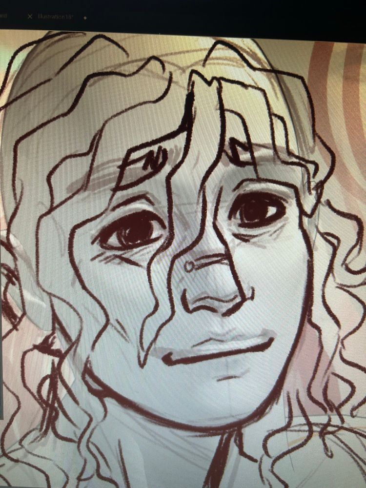 Sketch of a round face with dark eyes and wavy plant-like hair, which looks like Kal because it is.