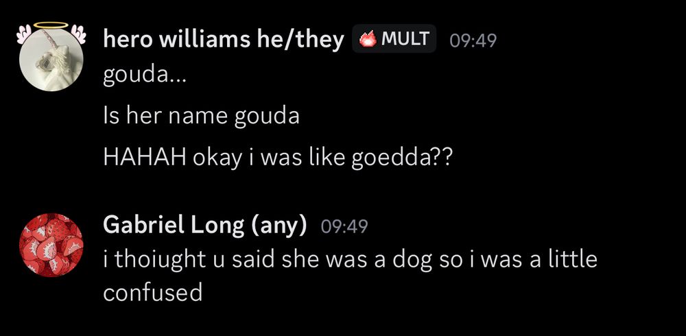 hero williams:
gouda...
Is her name gouda
HAHAH okay i was like goedda??
Gabriel Long:
i thought u said she was a dog so i was a little confused