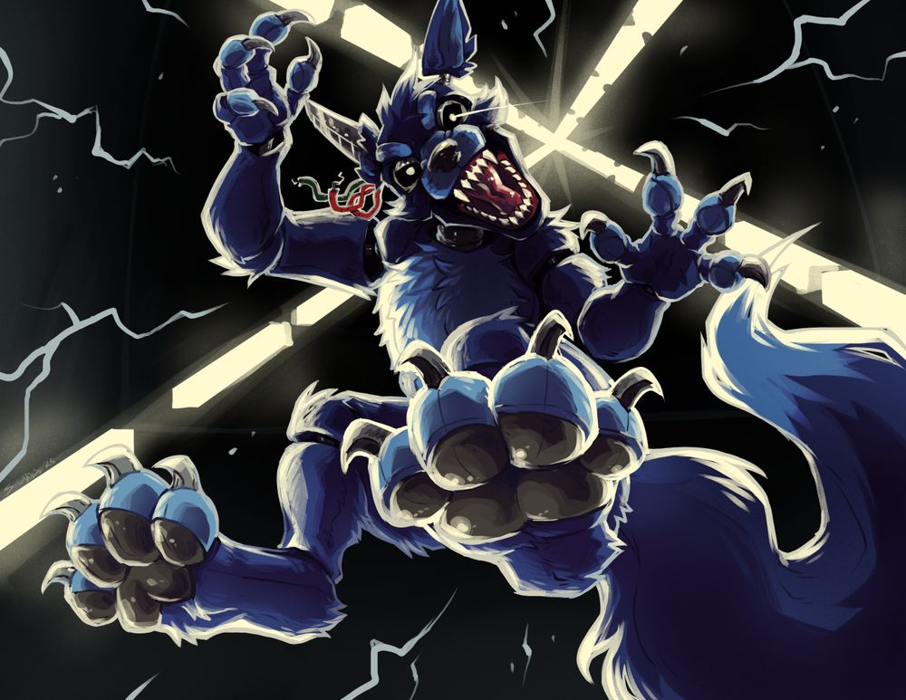 Digital illustration of Kotiyo, a blue animatronic fox, jumping down at the viewer from a high vantage point. He has glowing pinprick eyes, and his teeth are bared. He is missing the fur on one ear, and wires stick out from nearby. He is backlit by a row of lights from above and sparks are all around him.