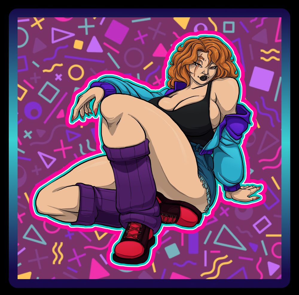 The OC Jort. A curvy woman with shoulder length wavy reddish hair. She has a large scar over her eye and has dark lipstick on her full lips. She's wearing a black tanktop and her namesake, a pair of short jorts. She has a teal and purple windbreaker on that's falling off of one of her shoulders. She has purple legwarmers covering her shins and resting on the tops of her red sneakers. She's posed in a sitting lounge pose with an 80's aesthetic random shape pattern behind her. 
