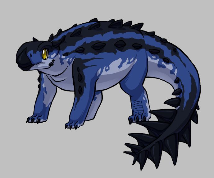 The ankylosaurid Stegouros! It has a rounded beaked muzzle. It has spiked oceoderms down it's back. He stands on all fours and his body is small and squat. The end of it's tail has a series of large spikes fused into a fan-like structure. His skin is blue with a light blue underbelly and multiple dark grey stripes that run down it's back and over the top of his head. 
