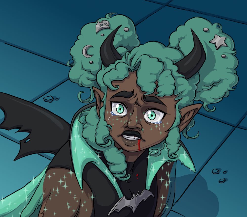 Imani, a magical girl. She has dark skin and green 4C hair done up in two puff balls. Her hair is disheveled as she looks beat up. She has little silver jewerly in her hair. She wears a pair of black horns on her head. She has a black dress on with sheer puffy sleeves that are glittering with teal sparkles. She has small black bat wings on her back that are torn from battle. Behind her is a long flowing teal cape, sparkling like the sleeves. She has a tall teal lined collar that is clasped by a silver bat clasp on her chest. The teal of the collar sparkles like the sleeves and cape. She's sitting on a cement ground with bits of rubble in the background. Her face is full of anguish, her large green eyes wide with tears welling in the corners. Her lips are parted showing her teeth as a small trickle of blood drips from her lip. This pose is actually a callback to the sailor moon redrew meme from a few years ago when people would redraw this pose of sailor moon.