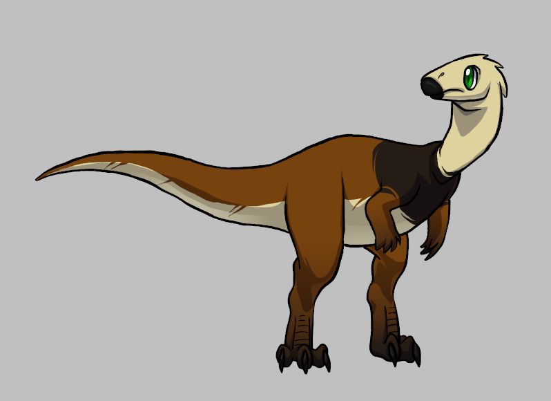 The late Jurassic ornithopod Dryosaurus. They have a long neck with a beaked muzzle and a bit of proto-feathers on the back of their head. They have small clawed arms and a long tail. It's a rich brown with a ring of dark brown around their neck like a shawl. Their head, neck and underbelly are a pale cream color. Their hands and feet have a darker brown gradient