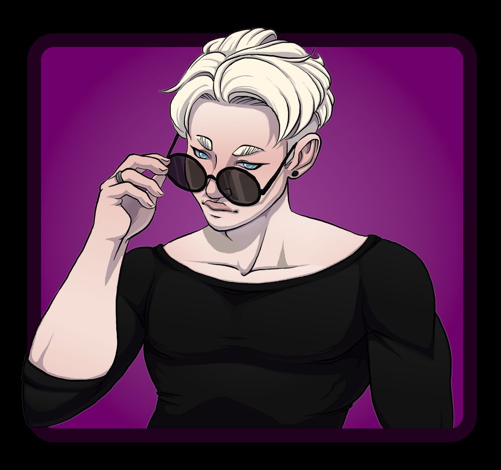 My friend Doodle-Bee's OC Sam. He's an albino Japanese-American. He has pale skin and white short hair with an undercut. He has short eyebrows and piercing blue eyes. He has a silver ring on the ring finger on his hand that's pulling his large round sunglasses down from his eyes. He's wearing a tight dark 3/4 sleeve teeshirt. He has a small piercing in his ear.