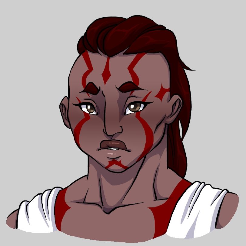 A bust of the Goliath monk Pelea Brightcarver. She has tanned skin and dark reddish brown hair, shaved on the sides and long otherwise. She has red stripe tattoos on her face and shoulders. She has a calm expression. You can make out a bit of her white sleeveless top.
