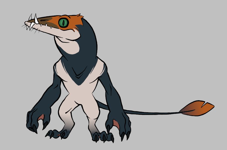 a pterosaur inspired kobold design. Took specific inspiration from the mid-Jurassic pterosaur, Dearc. This lil dude has a large head with a long narrow snout. He has long sharp teeth that protrude from his lips, with a pair of upper and lower fangs at the front. He has a few little whiskers on his chin. His wide, reptilian eyes are a dark green with a slit pupil. You can make out small whisps of fur on the back of his head. His neck is barrel shaped and is compariable in size to his small torso. From his torso are two very long arms with the forearms being much longer than the upper portions. He has large webbed, clawed hands. His legs are very short in comparison; digitigrade in form ending in large clawed/webbed toes. He has a long whip-like tail tha ends in a small diamond-shaped fin. He has an off-white torso, legs and the underside of his jaw. His neck, arms and feet are all a dark blue, along with his tail. He has a splotch of orange over his eyes that covers the top of his head as well as his tail fin. His snout is a brown while his webbed hands/feet are a dark pink. 