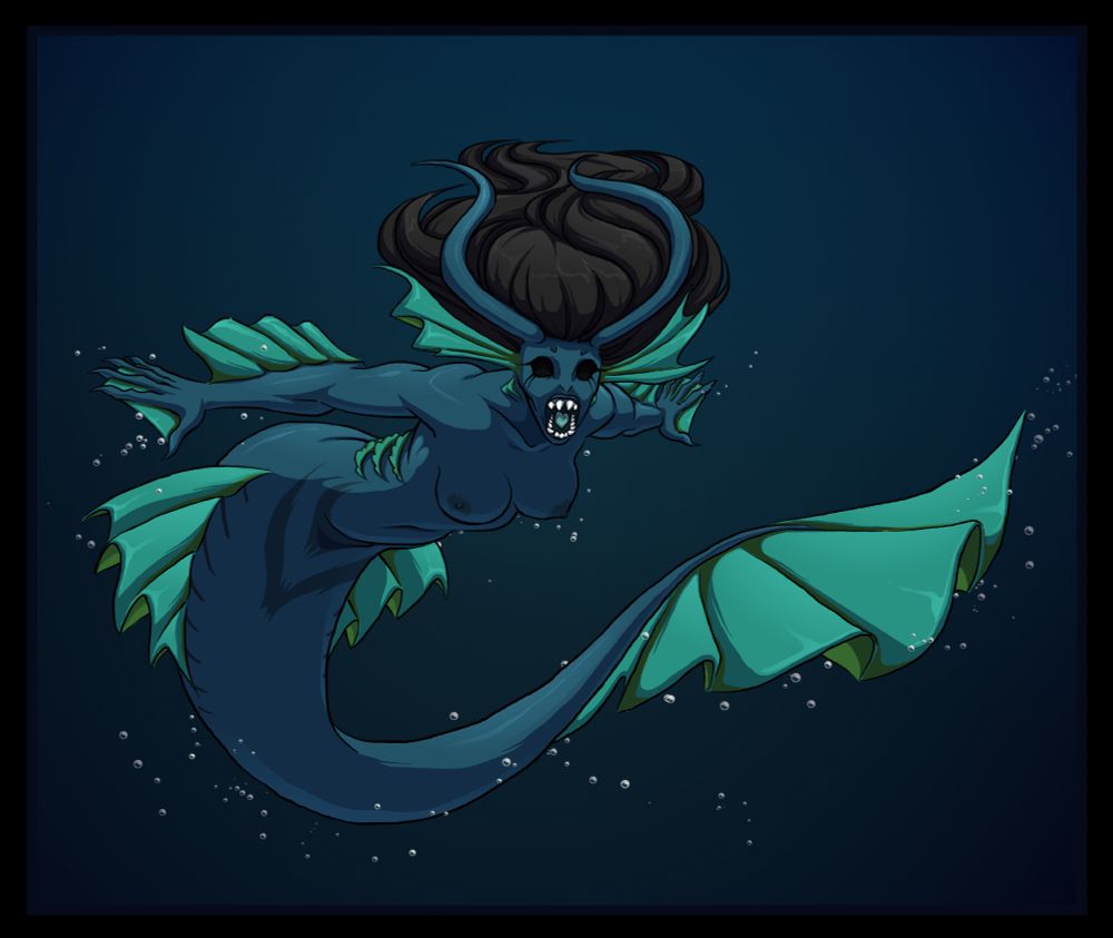 The mermaid Dahlia. She has dark blue skin and teal fins. She has long tendrils on her forehead. She has long black hair that flows behind her. She has long fines on either side of her head where ears would be. She has teal wavy fins on her forearms and hips. She has teal colored gills on the sides of her torso. It looks like her eyes are simply empty sockets. She has a large mouth full of sharp teeth. Her hands are clawed and webbed. 