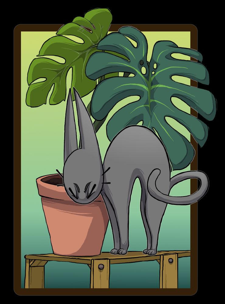 The cat OC Spinky. He's a grey short hair cat with incredibly long, pointed ears. The only facial features he has are two whiskers on either side of his head along with large eyes and lil eyebrows that he currently has shut as he does a really big stretch. He's doing this while on a wooden sidetable that also is home to a large potted monstera plant.
