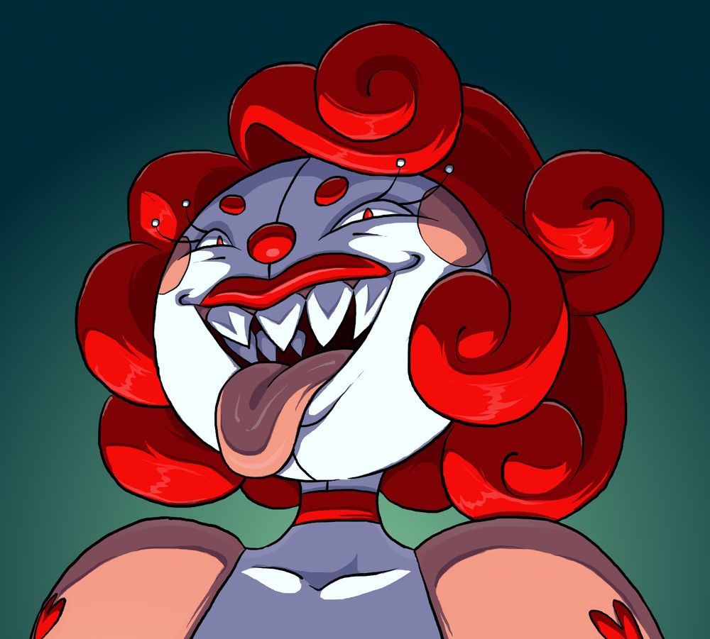 Pomegranate, a murderous alien clown. She has pale white skin and blood red short curly hair, a red nose and small red eyebrows. Her eyes are narrow, showing her slit pupils. She has a full red upper lip. Her mouth is large and curled into a smile, showing her large sharp teeth. She's sticking her large tongue out. You can see her red choker and the tops of her poofy pink sleeves.