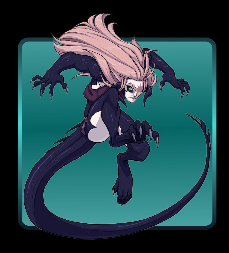 The OC Bunnie. She has dark blueish purple dragon scales on her arms, legs, back and neck with long curved horns forming out of the sides of her head. She has a long tail that has spines on the back and at the tip. She has large clawed hands and her digitigrade feet also end in large claws. She has long pink hair and a pink eyebrow. She's missing her eye/eyebrow, the area covered in a large pink scar. Her remaining eye is a large dark sclera eye with an ice blue iris. She's wearing a dark purple tanktop and a pair of light purple gym shorts. She's in a leaping pose, with an intense focus on her face.