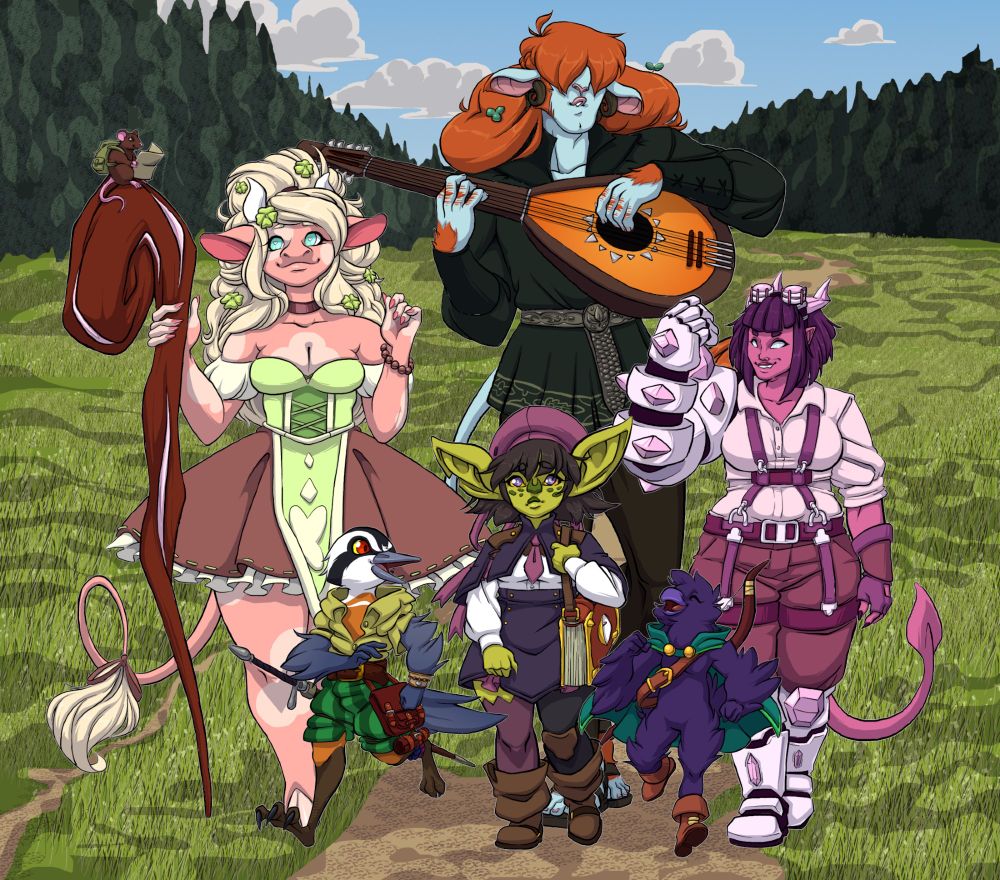 An adventuring partying walking through a forest-enclosed field under a blue sky. From left to right, Ratholomew the brown rat, Clover the pink cow lady druid, Chime the red-breasted nuthatch kenku rogue, Glynwarin the blue skinned firbolg playing a lute, Bug the goblin wizard, Puppi the corvid kenku ranger and Ginny, the pink tiefling artificer. 
