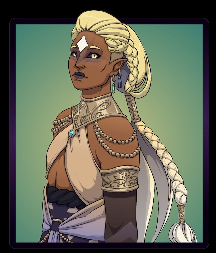 The character Lark, an Avarni who has a natural affinity to water magic. She has tan skin and long blonde hair that gradually turns white closer to the tips. It's done up in a braided ponytail, clasped by gold, swirly-patterned metal bands. They have a large white diamond pattern on their forehead and dark eyes with gold irises with slit pupils. They have a gold metal collar piece with strings of gold beads resting over the tops of their shoulders. They have a halter-style top of light beige cloth. They have a navy blue patterned skirt that's wrapped in the same material of the top. They have gold bands over their biceps, decorated similiarly to to the collar piece. Beneath the bands, their arms are covered in sheer sleeves. They have pointed ears adorned with dangling earrings. They have a faint purple hue around their eyes and nose.