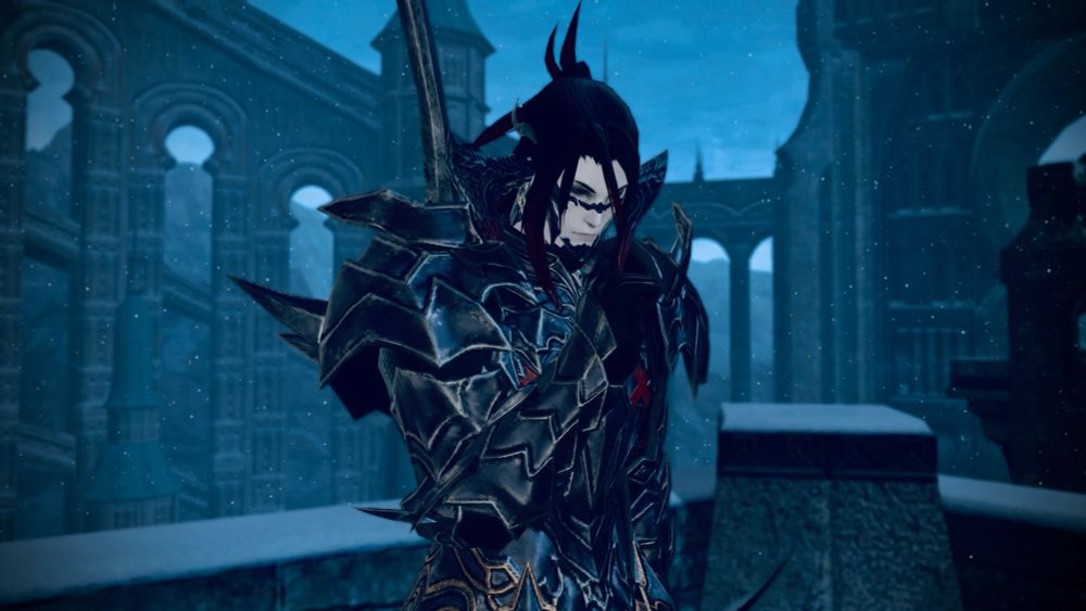 My original WoL, Draven Nightscale, looking pensive in Ishgard. He is wearing Dark Knight artifact armor.