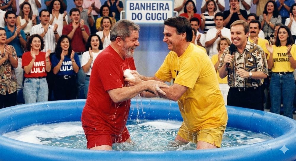 Uma imagem gerada por IA de Lula e Bolsonaro participando da Banheira do Gugu. A imagem tem Lula à esquerda vestido de vermelho e Bolsonaro à direita vestido de amarelo. Ao fundo a platéia bate palma e o apresentador Gugu Liberato fala ao microfone. Lula e Bolsonaro estão em uma piscina de plástico disputando um sabonete.