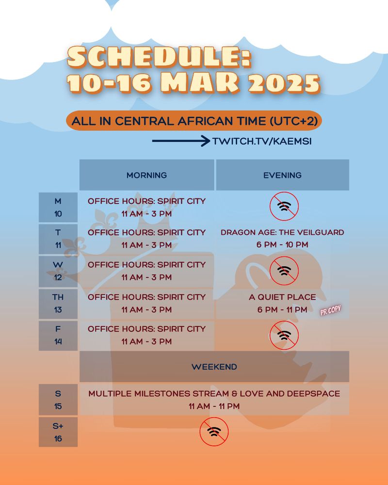 Schedule: week of 10-16 Mar 2025. All times UTC plus 2. Live on twitch dot tv slash came sea. 10-14 Mar 11am - Office Hours with Spirit City Lofi Sessions. 11 Mar 6pm - Dragon Age the Veilguard. 13 Mar 6pmm - PR copy of A Quiet Night. 16 Mar 11am - Multiple Milestones from fundraisers and Love and Deepspace. Image includes an orange and blue ombre background & Came sea’s logo watermark: a rounded ‘k’ with teeth in the side vee and the stem of the letter carrying a crown.