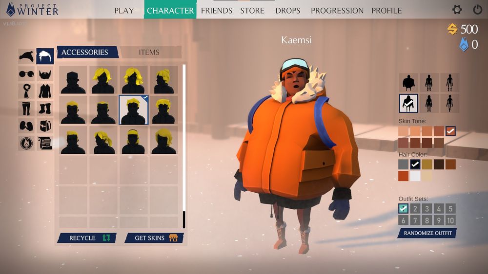 A screenshot of Kaemsi's (she/her) in-game character generator with her custom avatar (and look at how fat she is, I am in LOVE). She is wearing snow gear including a very orange snow jacket, and an orange beanie, and even orange boots.
