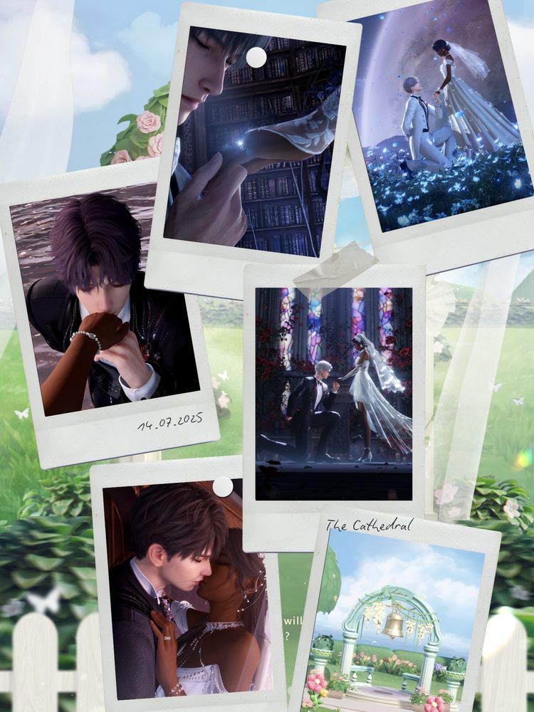 A Polaroid themed collage of five screenshots from videogame Love and Deepspace, the wedding event. Top right image is Xavier, a fair skinned man with blue eyes and grey blond hair in a white tuxedo with navy blue highlights kneeling with Came sea's hand in his to propose. There is a super moon in the background with a field of flowers. Top middle image is Zayne, a fair skinned East Asian man with green eyes and black hair holding Came sea's hand close to his face as he looks at the wedding ring on Came sea's finger. Top left image is Rafayel, a fair skinned man with twilight pink eyes and purple hair kissing Came sea's ring finger as he kneels in front of the viewer, wearing a black tuxedo with a red flame lily on his collar. Middle image is Sylus, a fair skinned man with white hair and red eyes kneeling in front of Came sea with her hand in his as they stand at the altar in a dark catherdral in a black tuxedo and red embellishments. Bottom left image is Caleb, a lightly tanned man wearing a charcoal grey suit and navy embellishments,  kissing Came sea with her ringed hand resting on his shoulder. Bottom right image is a blue arch with a bell on a small podium with flowers framing it, and the sea in the background. Came sea is an Indian woman with darker brown skin tones with black hair and eyes, and in each image she is dressed in a wedding dress or wedding accessories where visible.