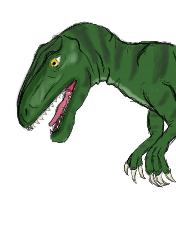Digital painting of a non-specific theropod dinosaur. Green with dark stripes. Mouth is open, exposing sharp teeth.